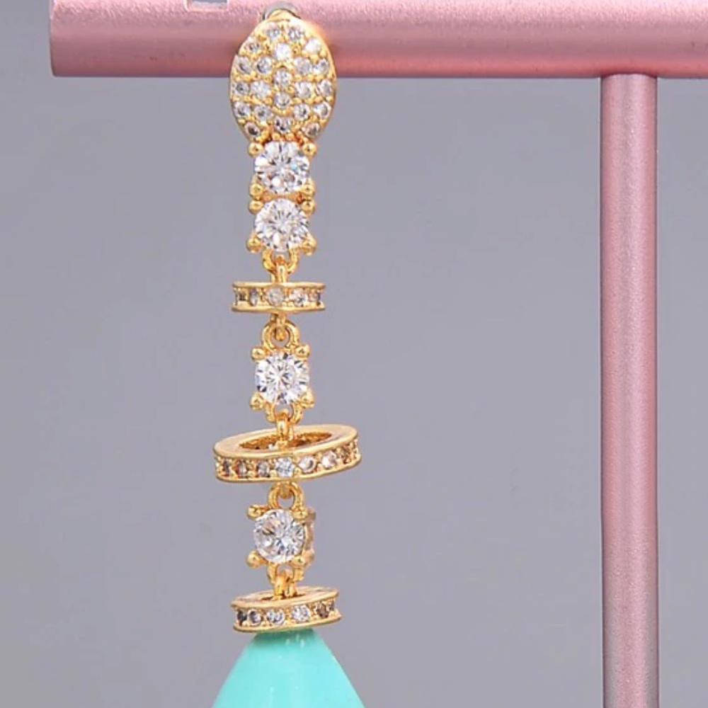 IRIS APFEL Teal Dangle Sea Blue Aquamarine Natural Stone Drop Long Earrings - Picture 4 of 13
